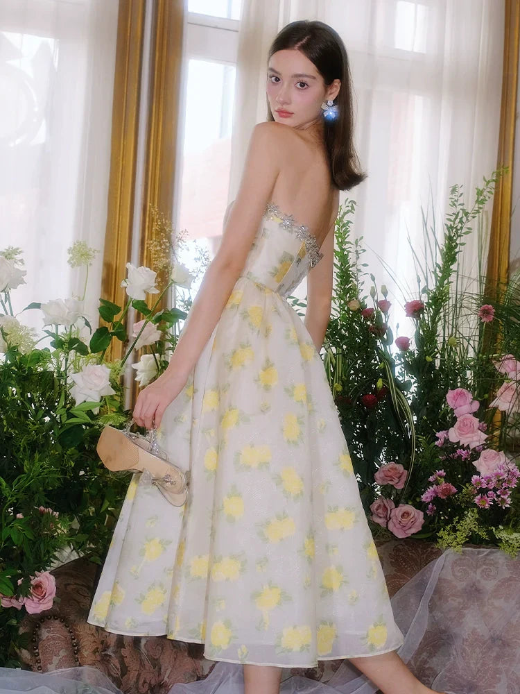 Khaleesi Lemon Yellow Strapless Long Cocktail Dress-Butter Cup