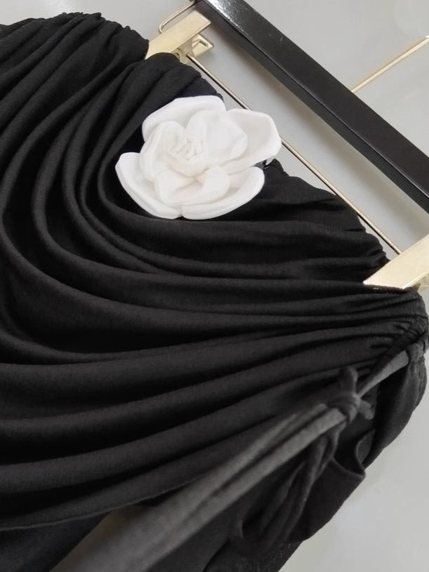 roberta off-shoulder flower embellished pleated maxi dress in black