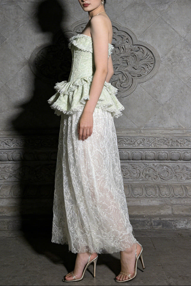 eartha fitted lace-paneled Strapless maxi dress in green