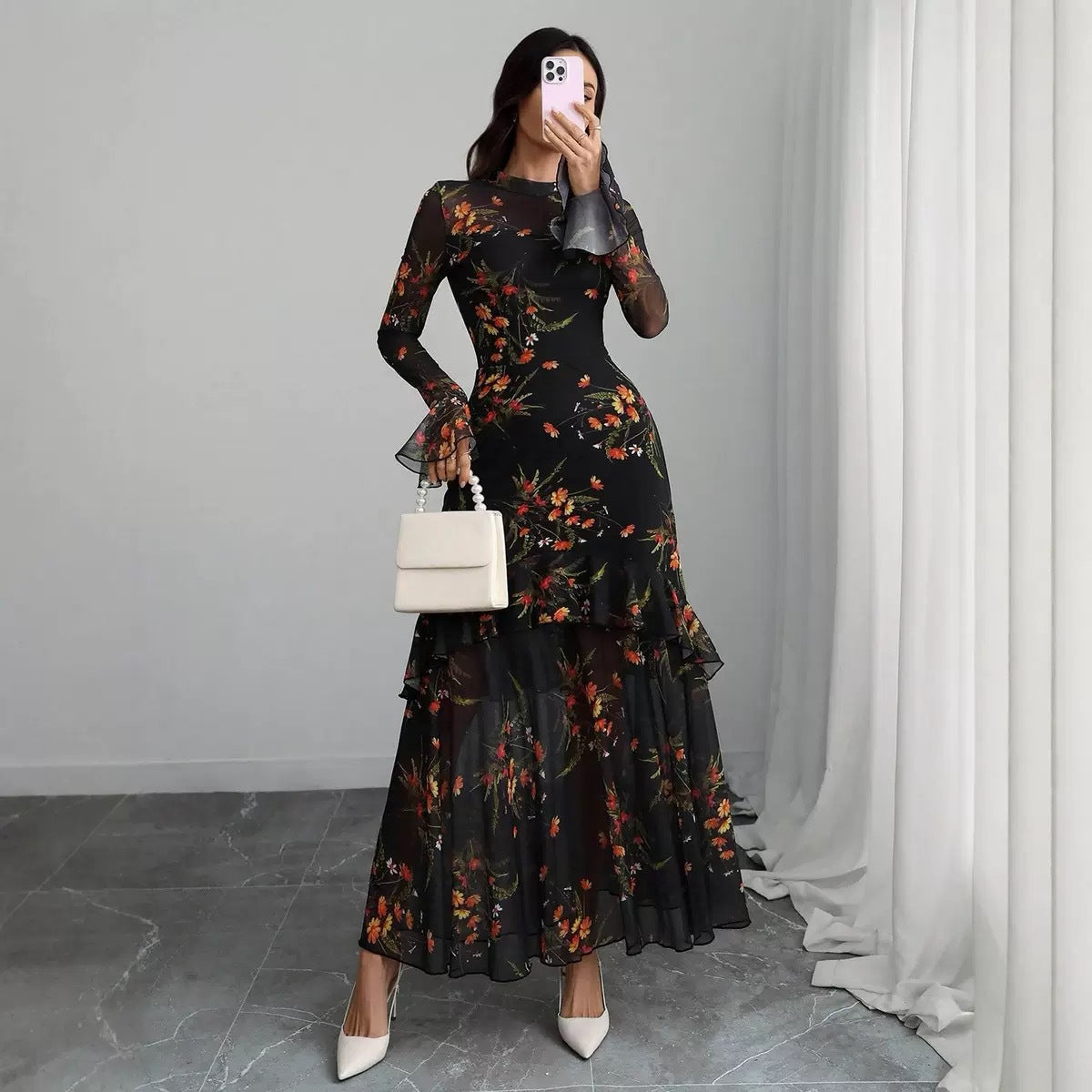 jacqueline Black Floral Mesh Ruffle Maxi Dress