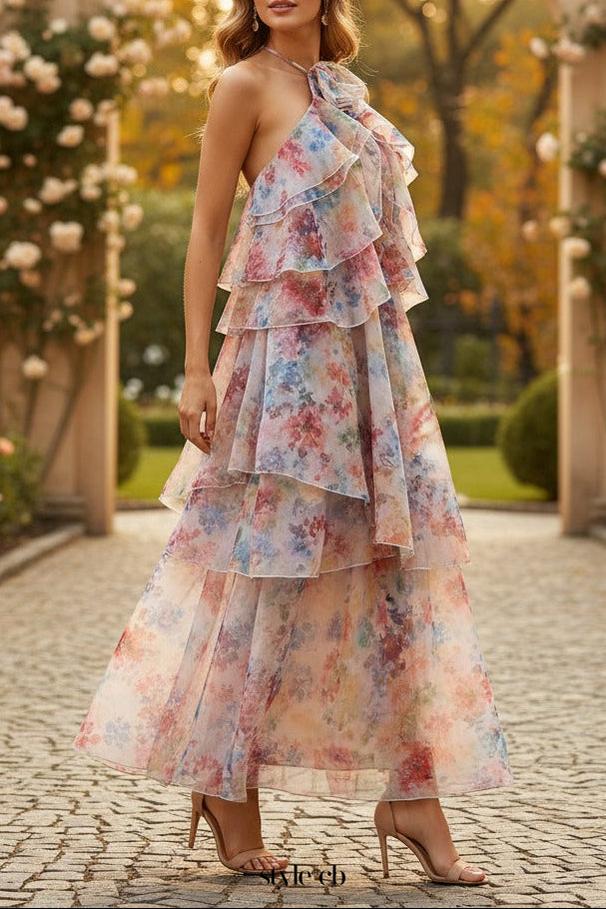 novia multicolor floral print layer halter midi dress