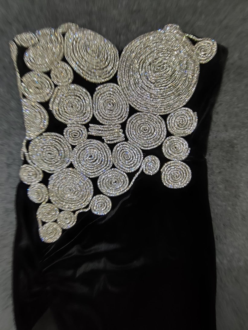 jennifer Crystal Strapless Velvet Split Maxi Dress