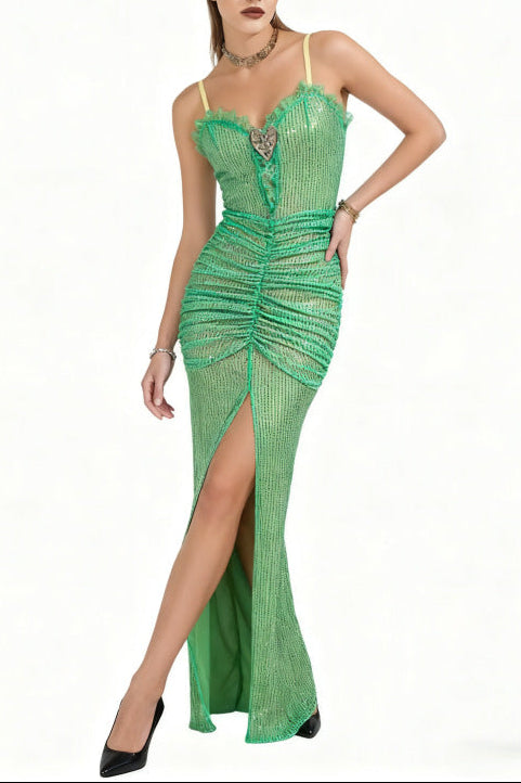 griselda high slit pleated sequin maxi dress in green