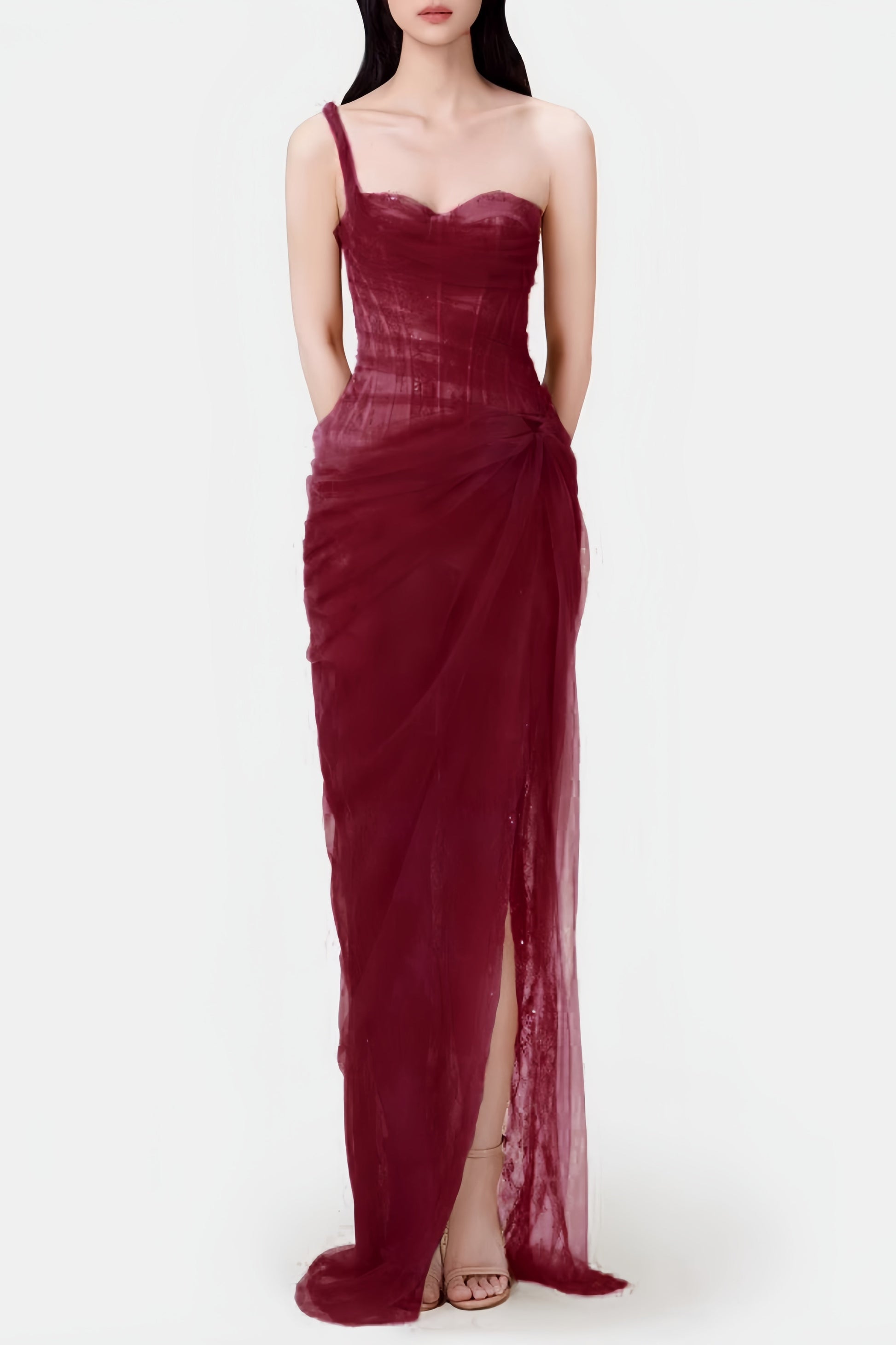zenobia Lace Corset One Shoulder Midi Dress - Wine