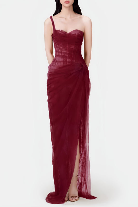 Ellalabel zenobia Lace Corset One Shoulder Midi Dress - Wine - Crafted from Intricate Lace Fabrication- Perfect for Garden Parties and Resort Wear.