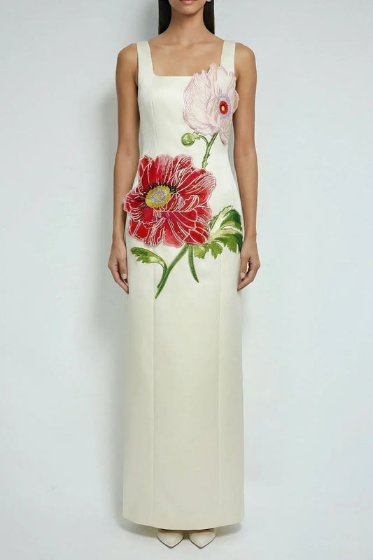 Ellalabel victoria apricot square neck flower embroidery satin maxi dress - Crafted from Glossy Silk Satin- Ideal for Wedding Guest and Formal Galas.