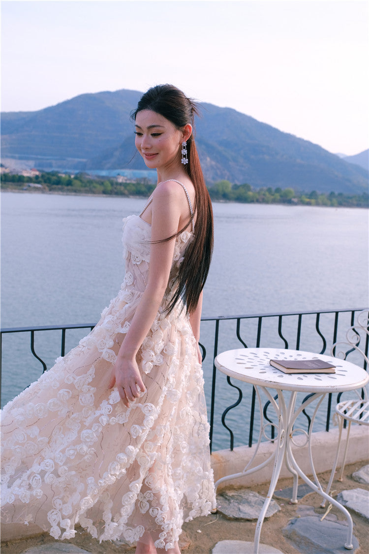 Aubrey White/Beige Sleeveless  Flower Dress