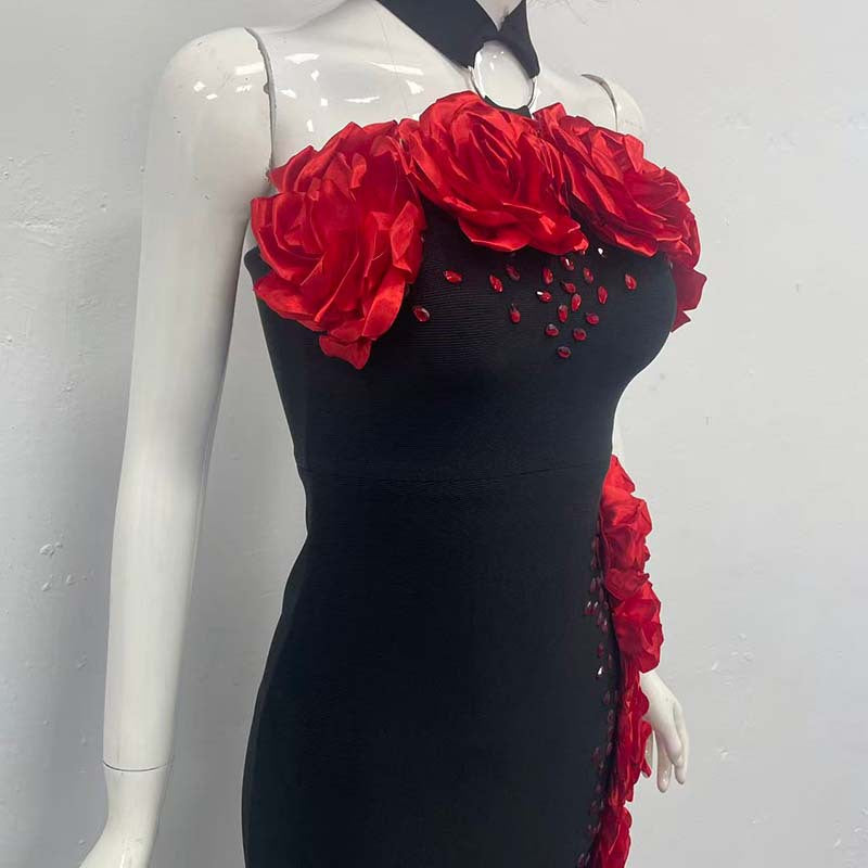 sebastiane Halterneck Flower Bandage Maxi Dress in black