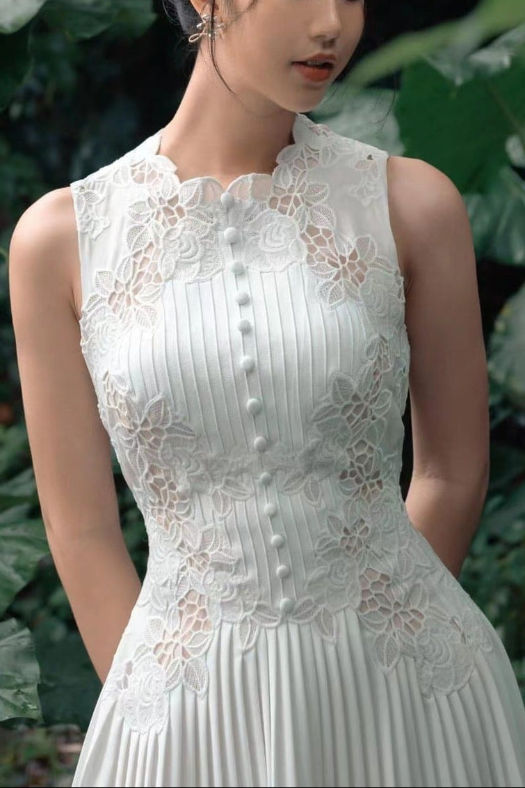 shirley white lace embroidery pleated midi dress
