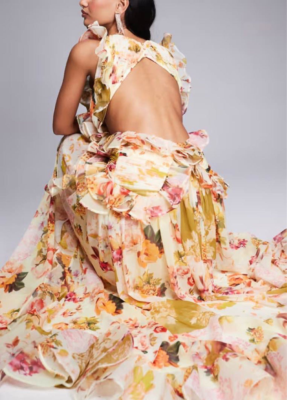 salome floral print backless ruffle hem maxi dress