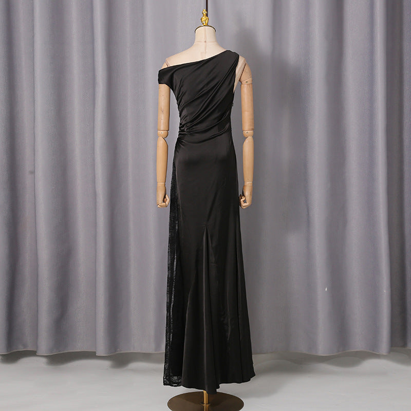 sherry black One Shoulde Lace Satin Maxi Dress