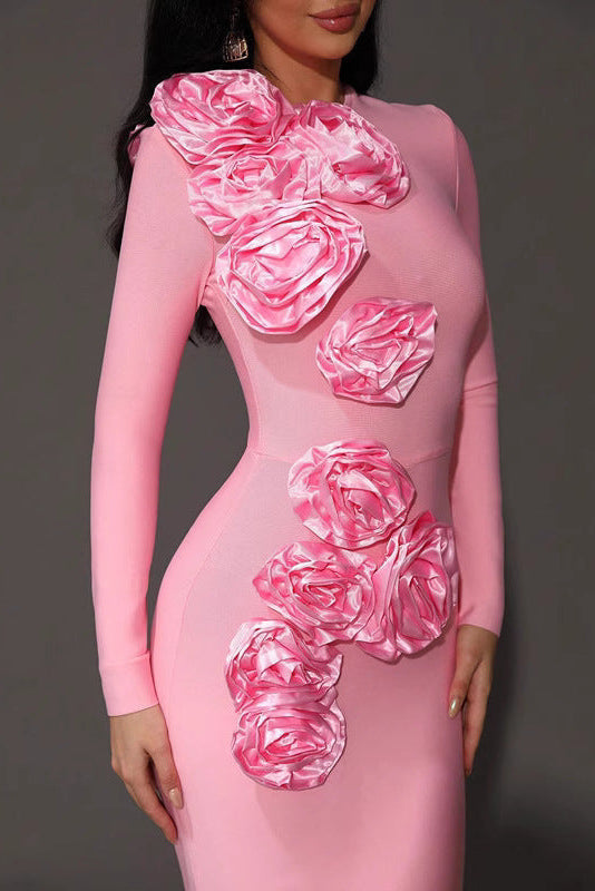 Riley 3D Flower Decorative Bandage maxi Dress in pink