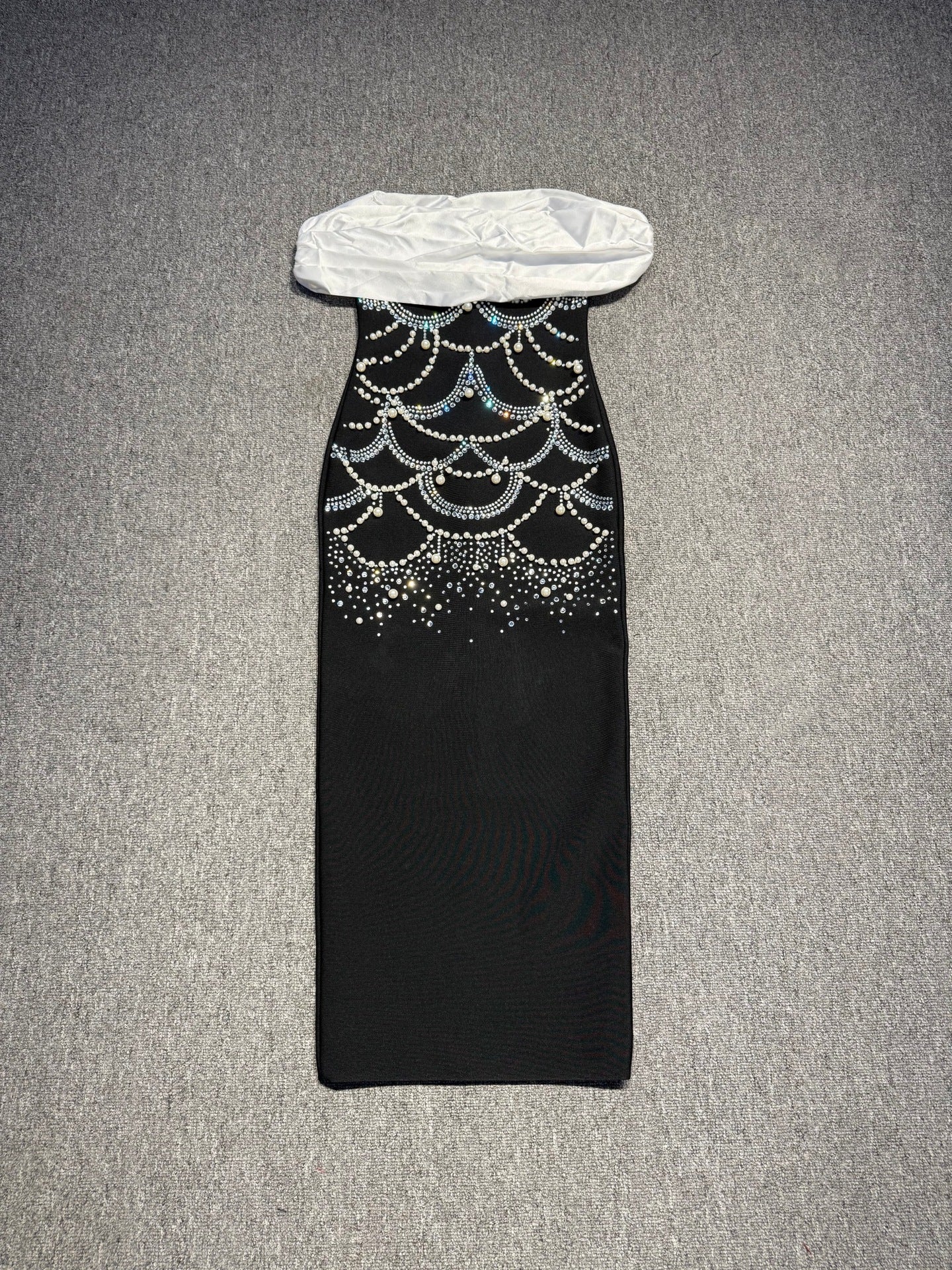 louise beading rhinestone strapless midi dress in black