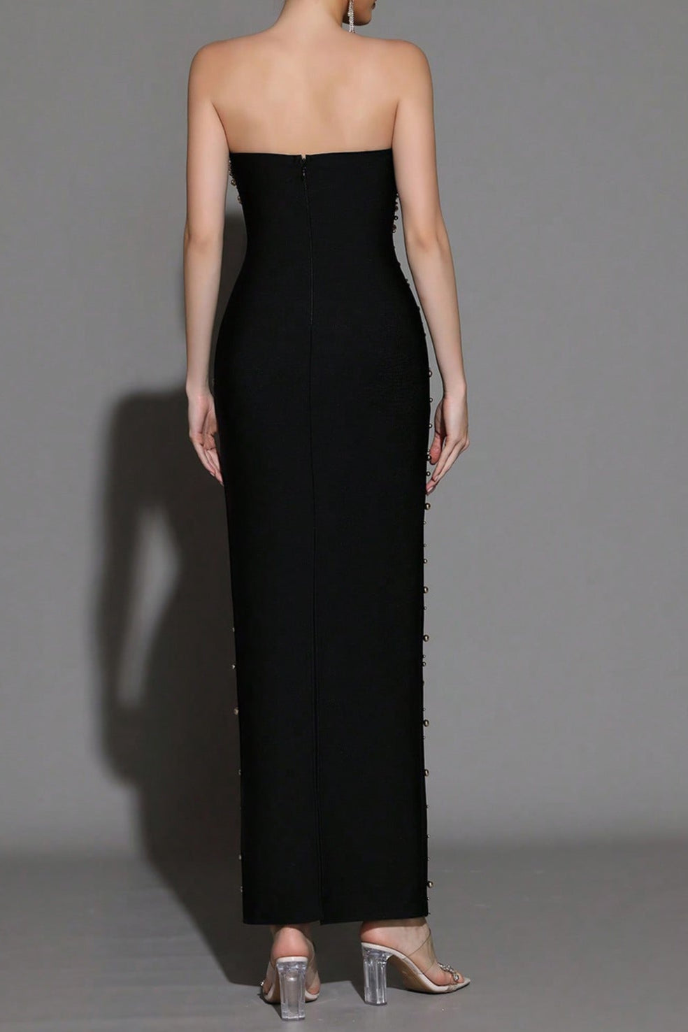 vicky Pearl Rhinestone Beaded strapless black maxi dress