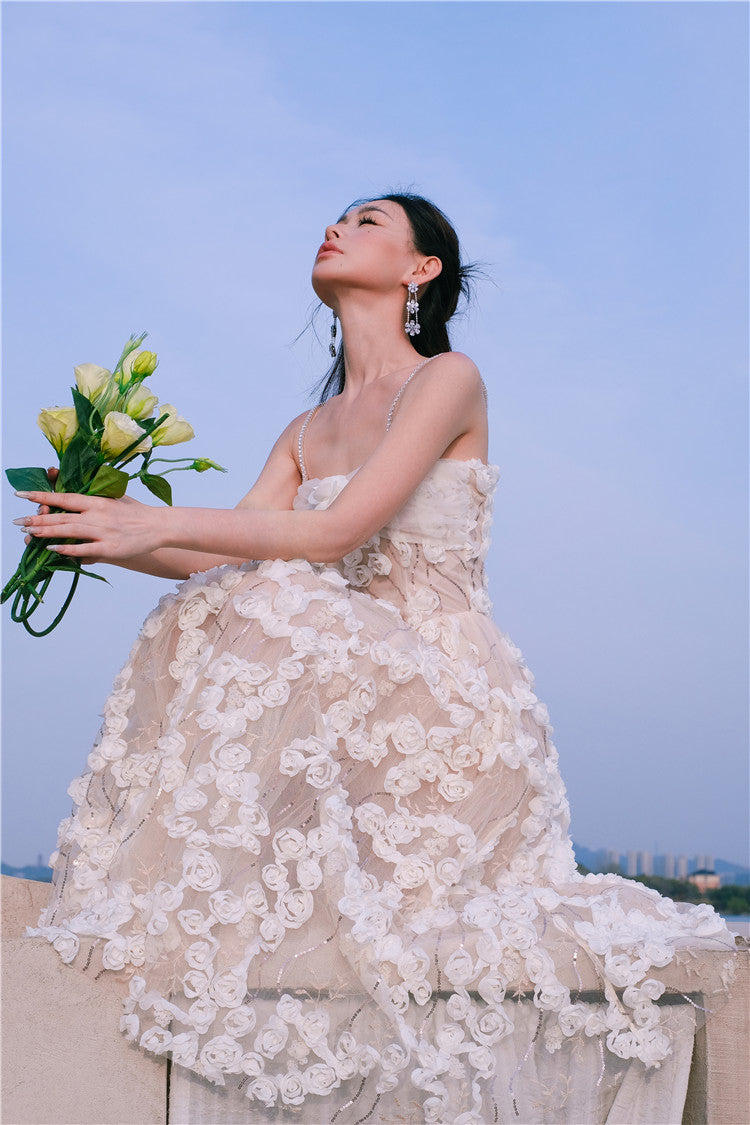 Aubrey White/Beige Sleeveless  Flower Dress
