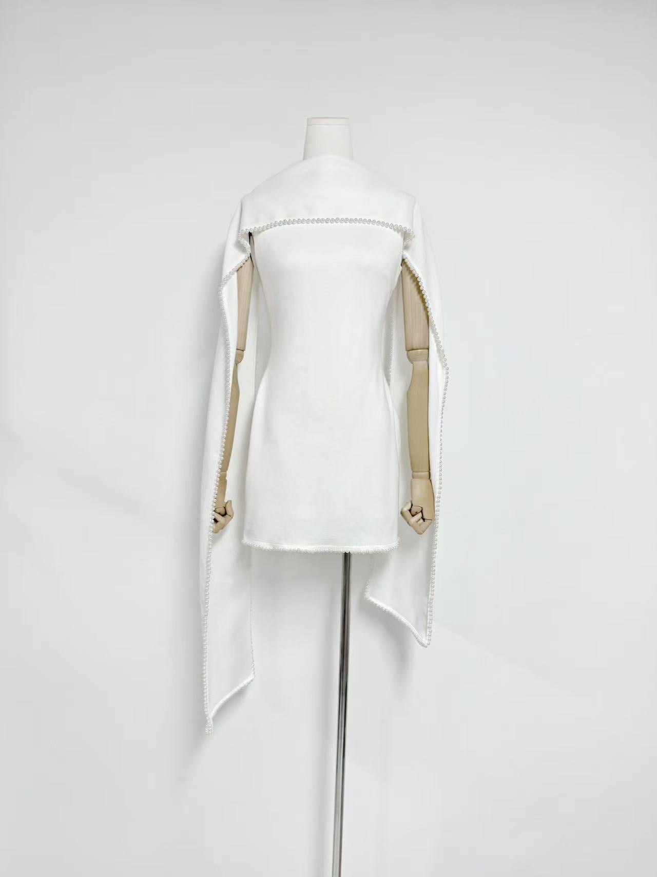 odelette Pearl Trim Shawl Mini Dress - White