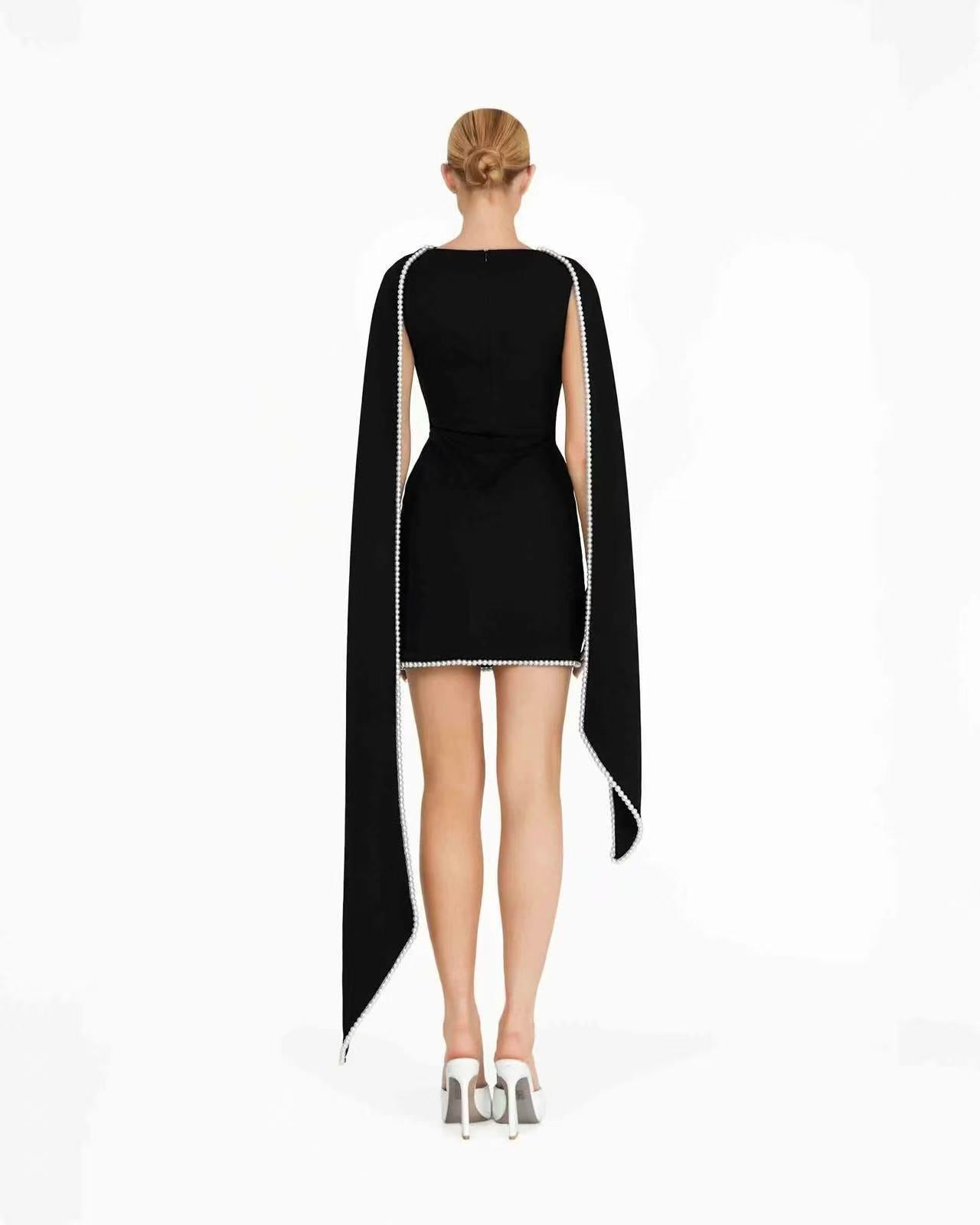 odelette Pearl Trim Shawl Mini Dress - Black