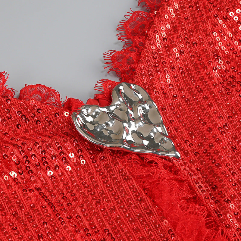 gloria high slit pleated sequin maxi dress in red