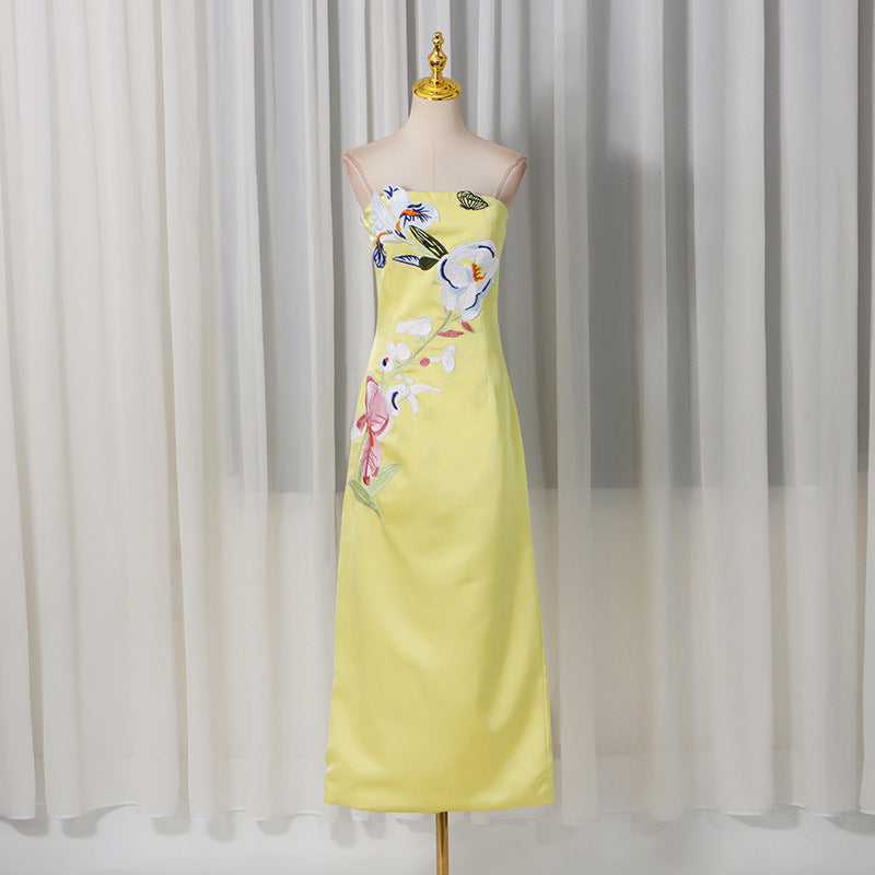 kimberley yellow Appliqué Floral Bustier Maxi Dress