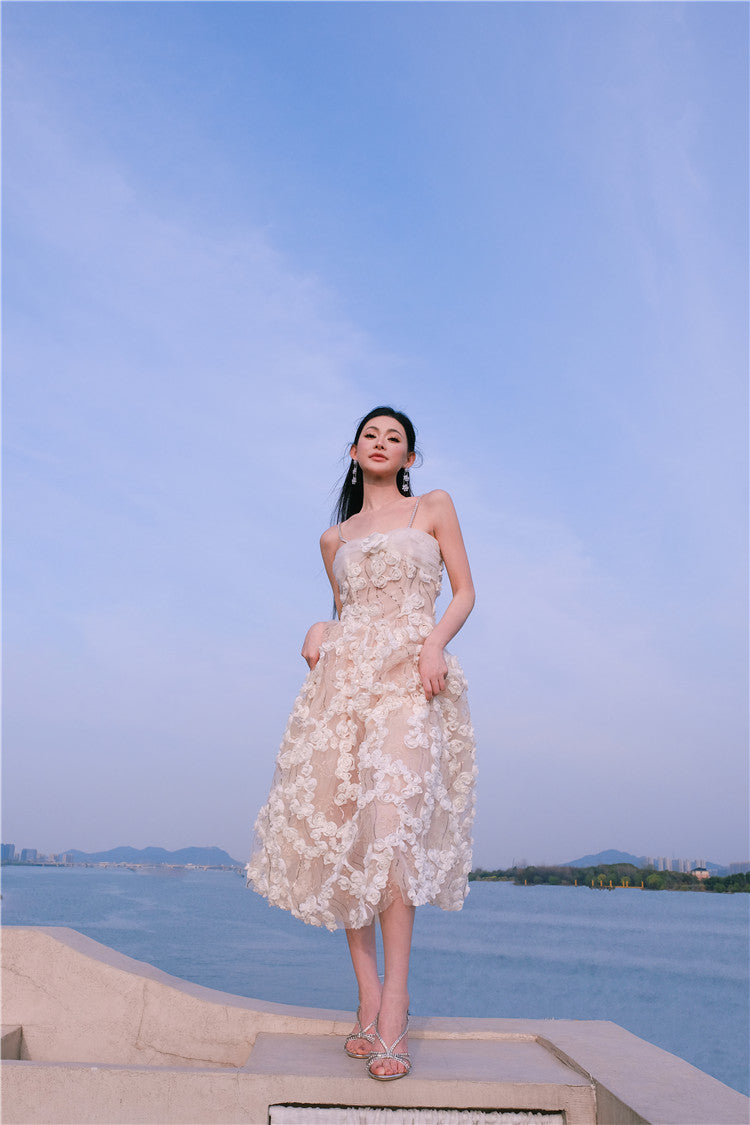 Aubrey White/Beige Sleeveless  Flower Dress