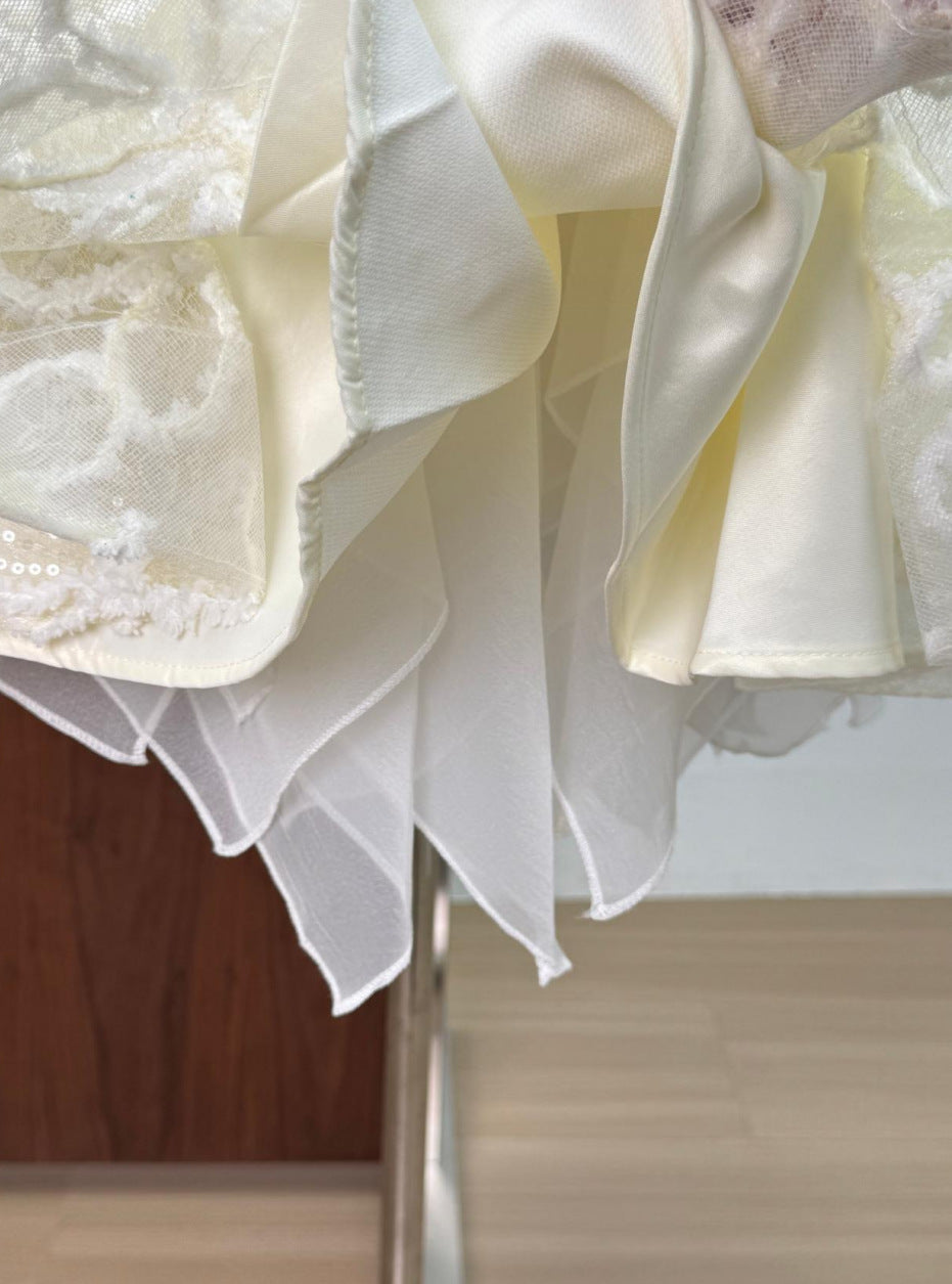 vanessa apricot floral embroidery sequin  puffy mini dress