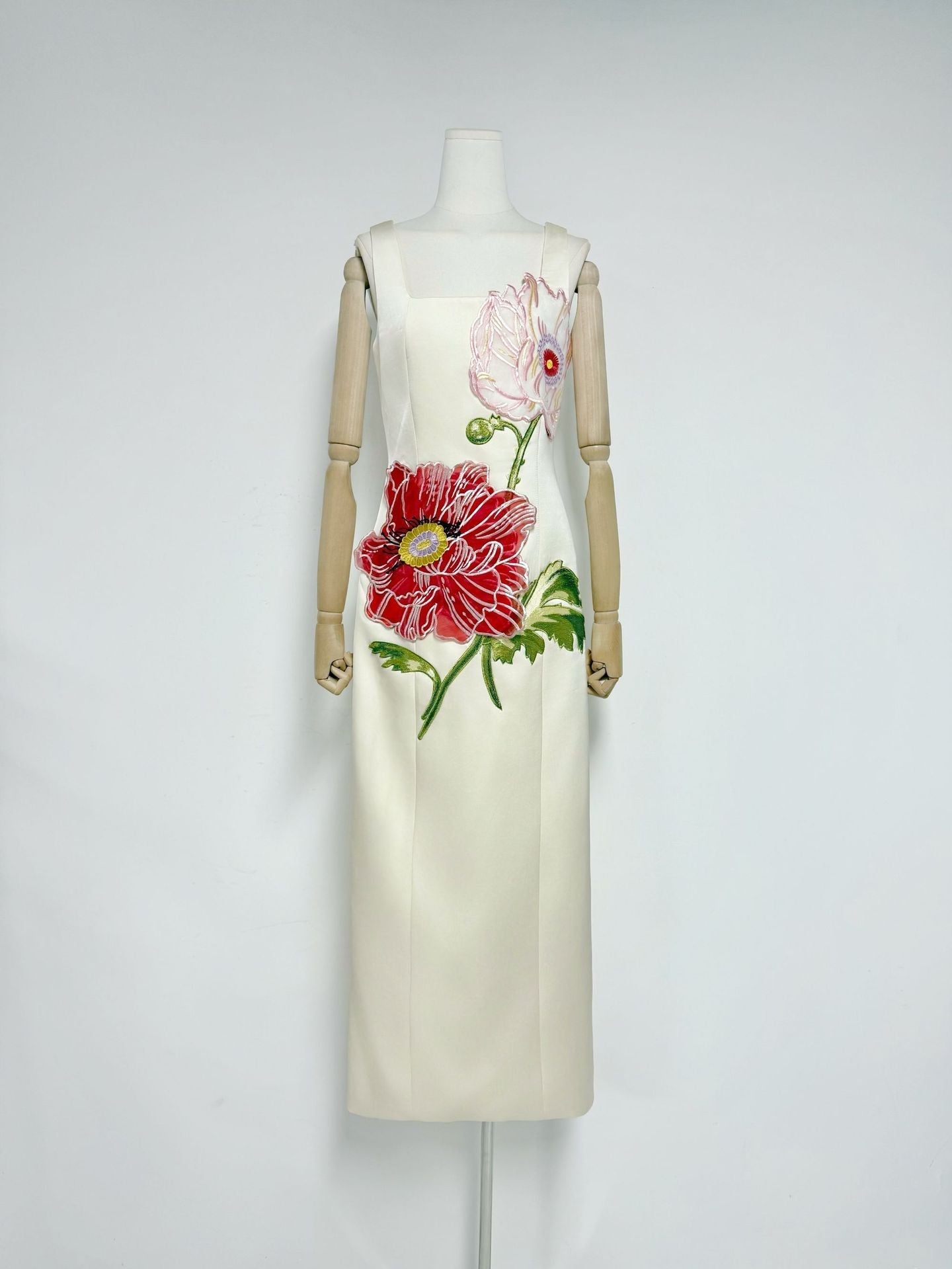 victoria apricot square neck flower embroidery satin maxi dress