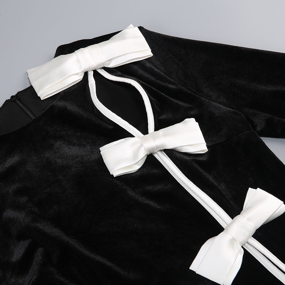 Cameron Bow Cascade Velvet Maxi Dress in black