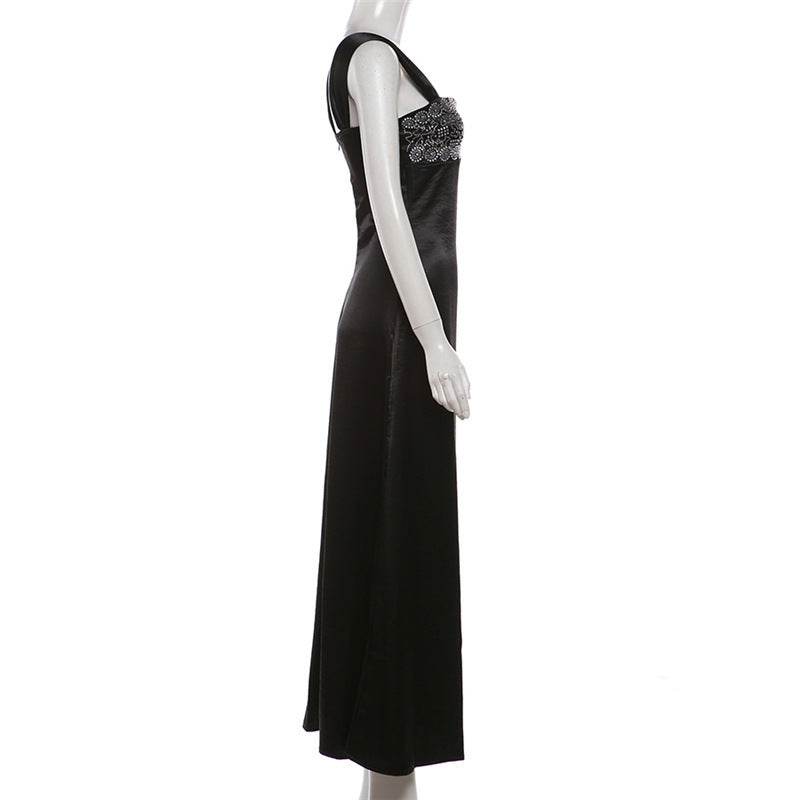 sabrina black Rhinestone embellished Satin Maxi Dress