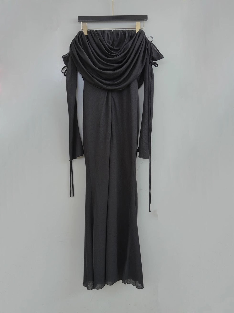 roberta off-shoulder flower embellished pleated maxi dress in black