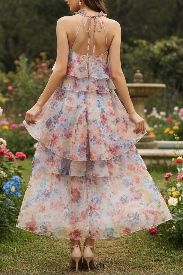 novia multicolor floral print layer halter midi dress