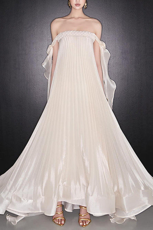 Ellalabel Samantha Off Shoulder Pleated Maxi Dress in apricot - Crafted from High-quality Fabrication- Ideal for Wedding Guest and Formal Galas.