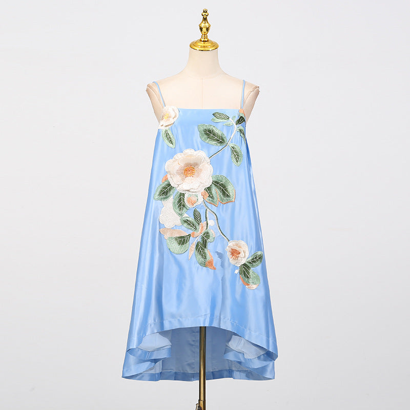 evangeline applique floral Embroidered Mini Dress in blue