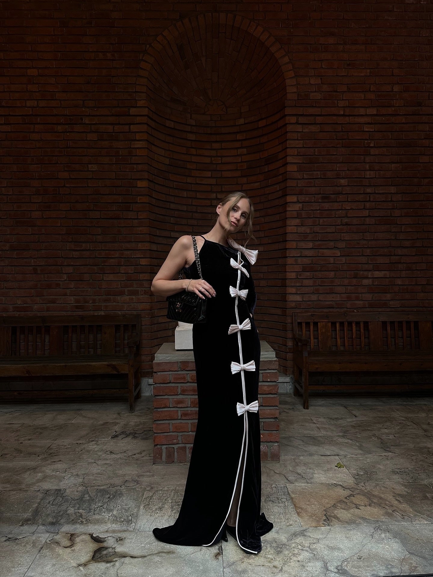 Cameron Bow Cascade Velvet Maxi Dress in black