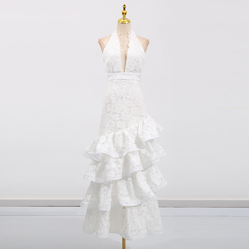 Meredith white Deep V-neck halterneck layer ruffle trim maxi dress