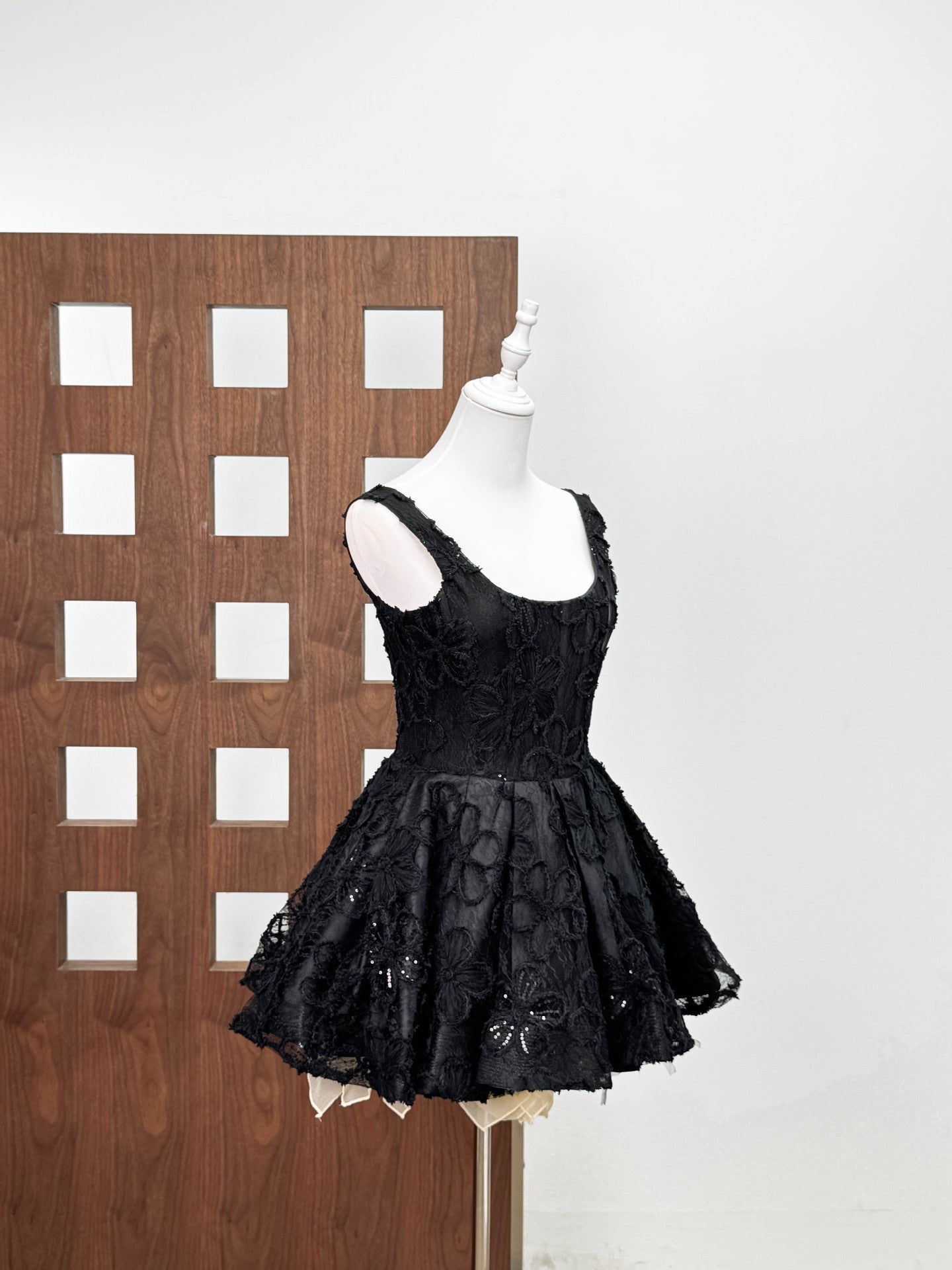 vanessa black floral embroidery sequin  puffy mini dress