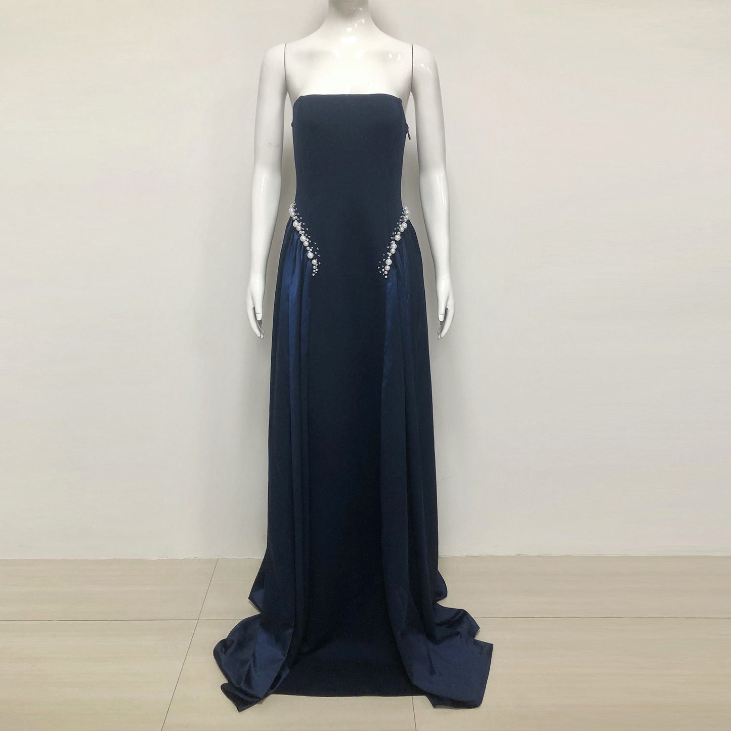 alison Dark Blue Pearls Embroidered strapless maxi Dress