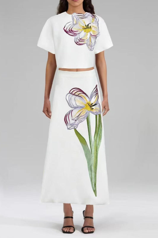 Ellalabel beatrice White Floral Embroidered midi dress Matching Set - Crafted from High-quality Fabrication- Perfect for Garden Parties and Resort Wear.