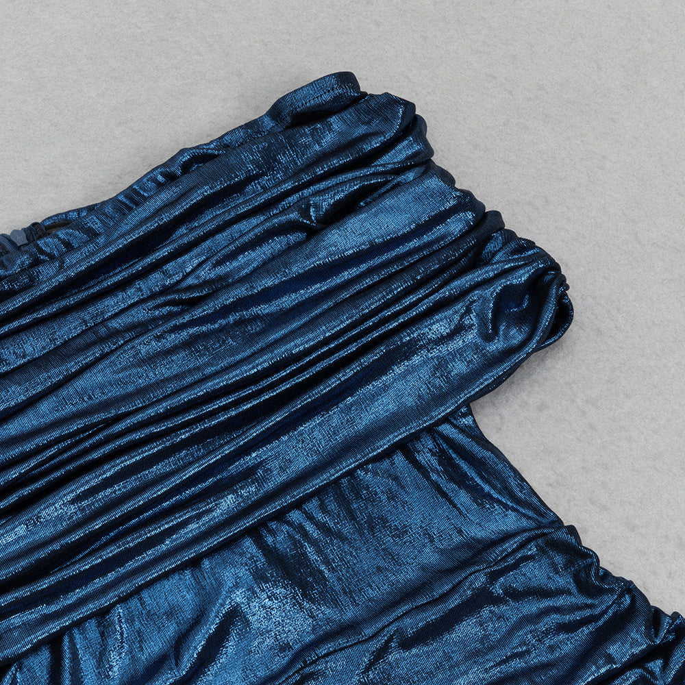 blanche dark blue Contour Metallic Off Shoulder Ruched Maxi Dress