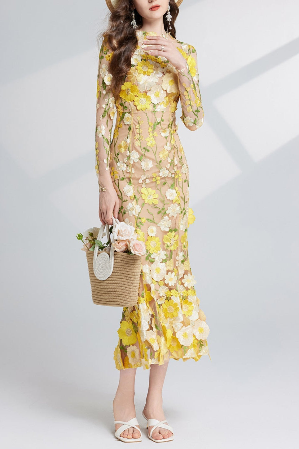 CAROL YELLOW FLORAL EMBROIDERY MESH LONG SLEEVE MIDI DRESS - Stylish yellow dress for special occasions | Buy Online