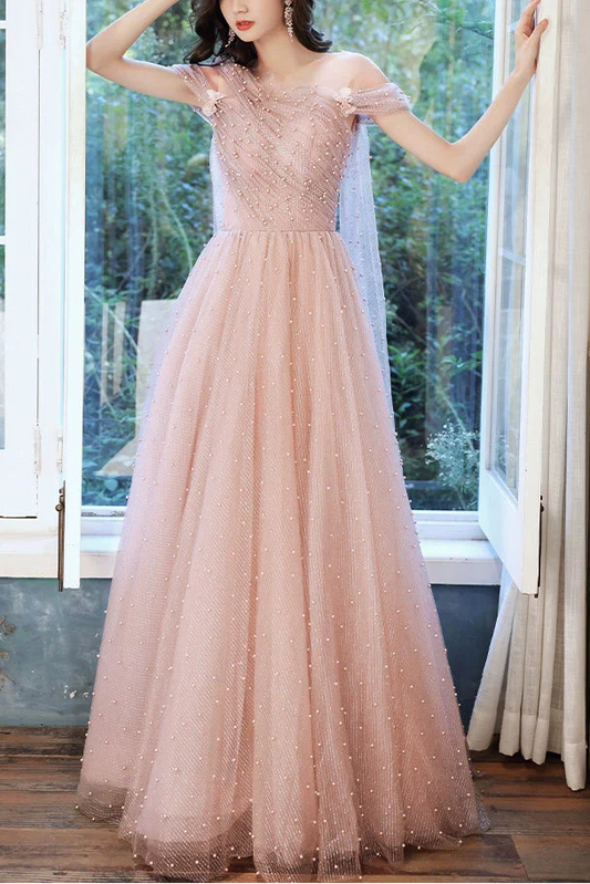 Ellalabel constance Pink one-shoulder pearl maxi evening dress in Pink - Crafted from High-quality Fabrication- Ideal for Wedding Guest and Formal Galas.