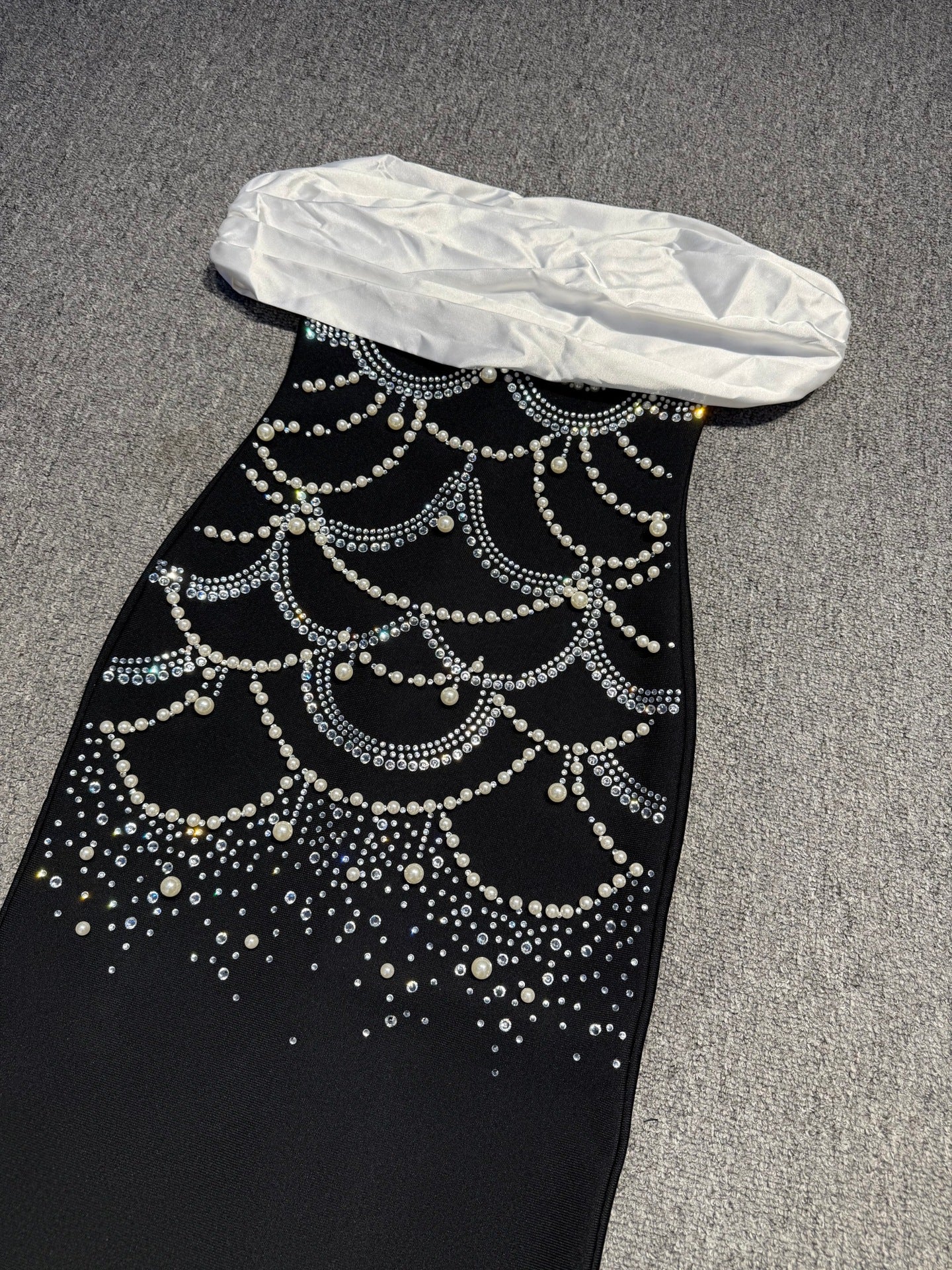 louise beading rhinestone strapless midi dress in black