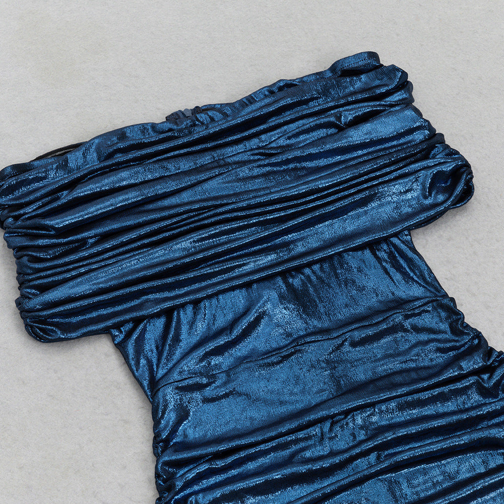 blanche dark blue Contour Metallic Off Shoulder Ruched Maxi Dress