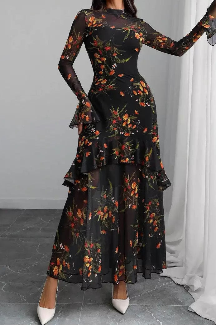 jacqueline Black Floral Mesh Ruffle Maxi Dress