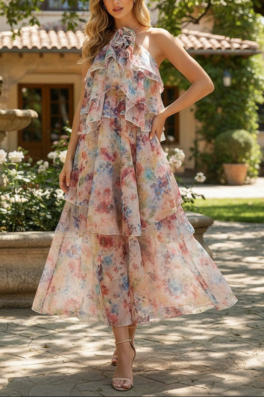 Ellalabel novia multicolor floral print layer halter midi dress - Crafted from High-quality Fabrication- Perfect for Garden Parties and Resort Wear.