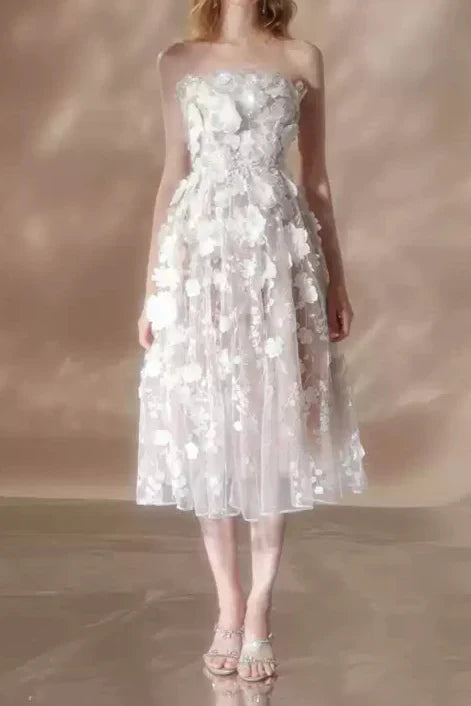 Ellalabel rachel crystal floral embroidery midi dress in white - Crafted from High-quality Fabrication- Perfect for Garden Parties and Resort Wear.