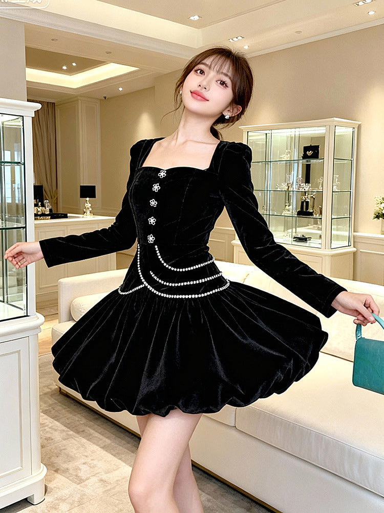 caroline black square neck rhinestone velvet mini dress