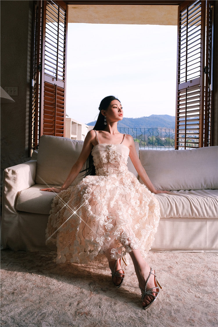 Aubrey White/Beige Sleeveless  Flower Dress