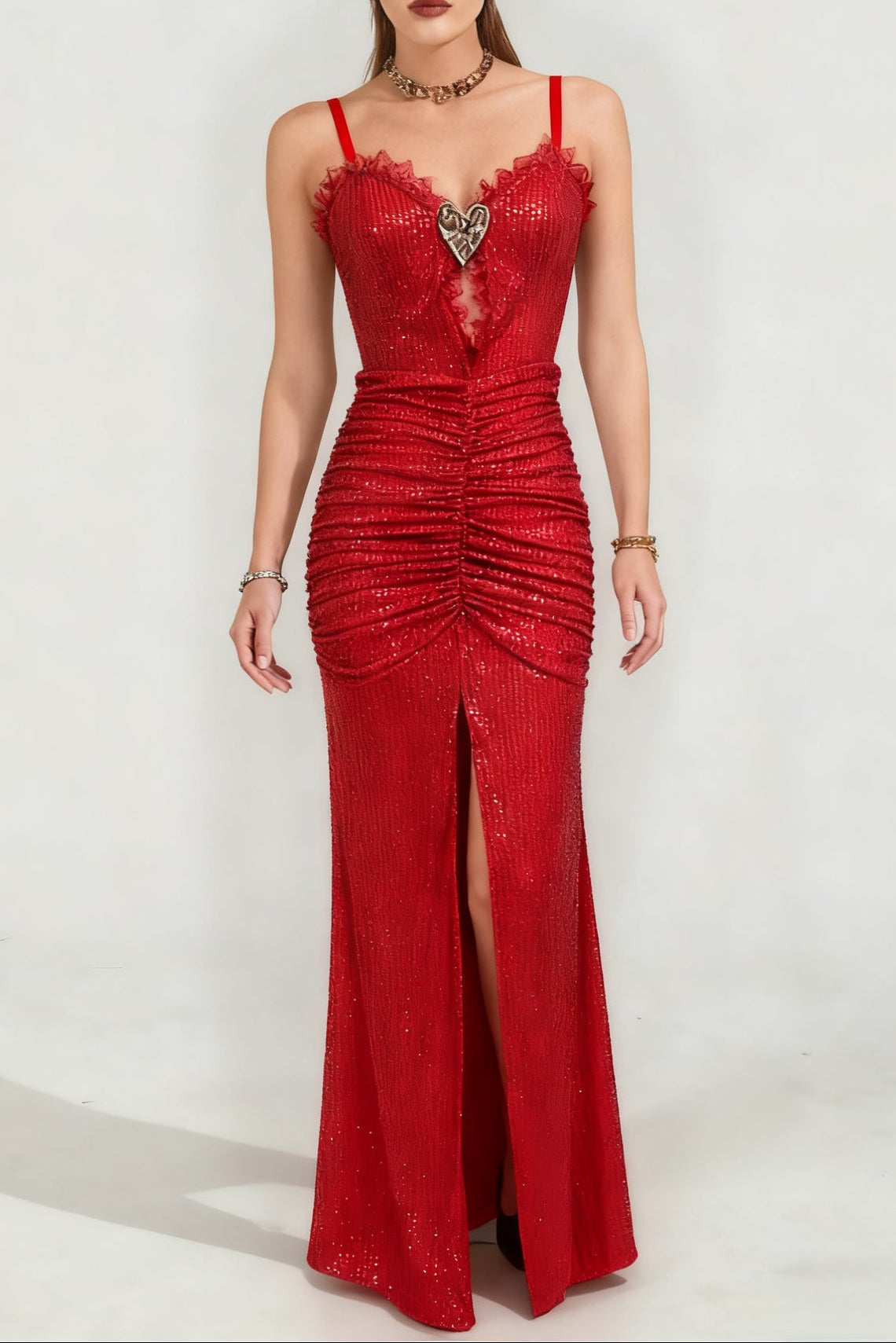 gloria high slit pleated sequin maxi dress in red