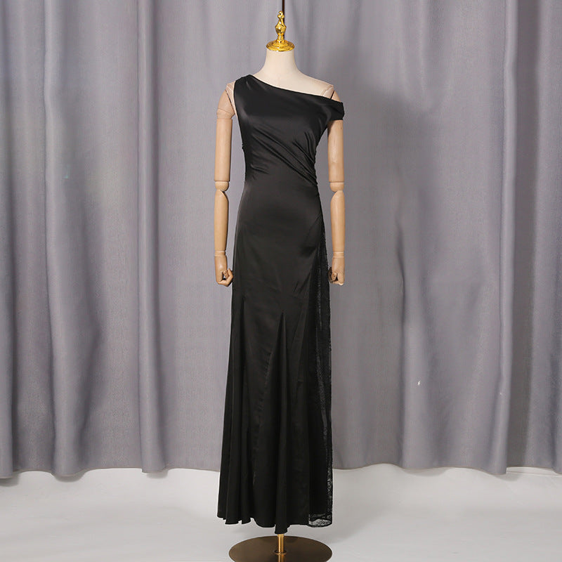 sherry black One Shoulde Lace Satin Maxi Dress