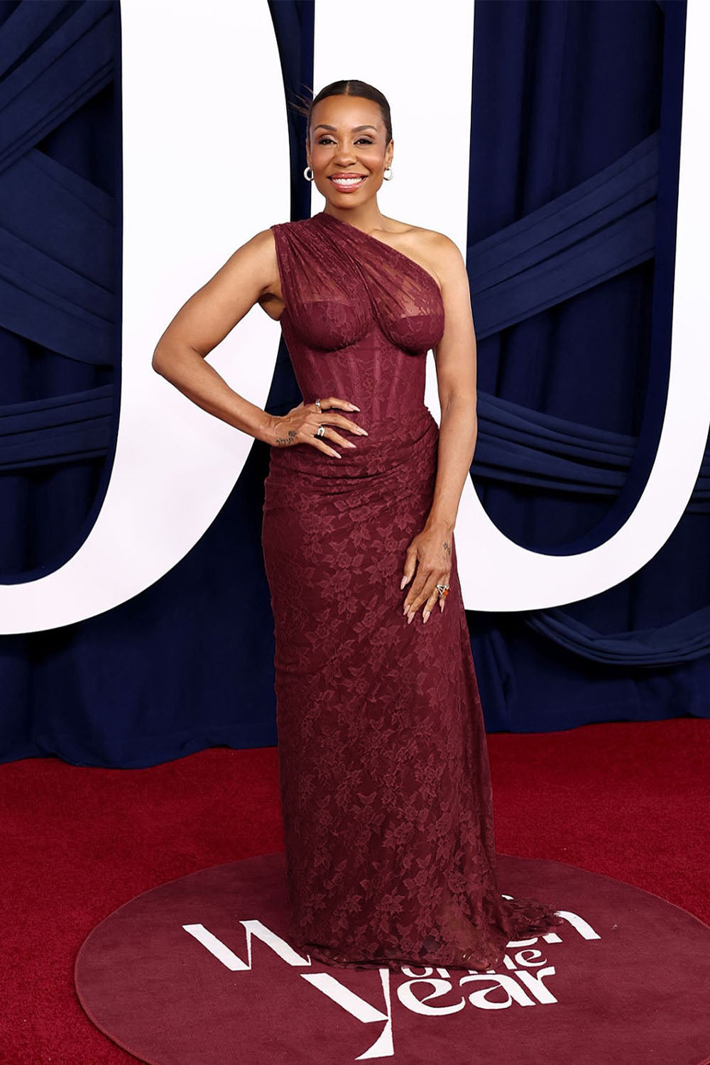 nancy burgundy One Shoulder Lace Maxi Dress